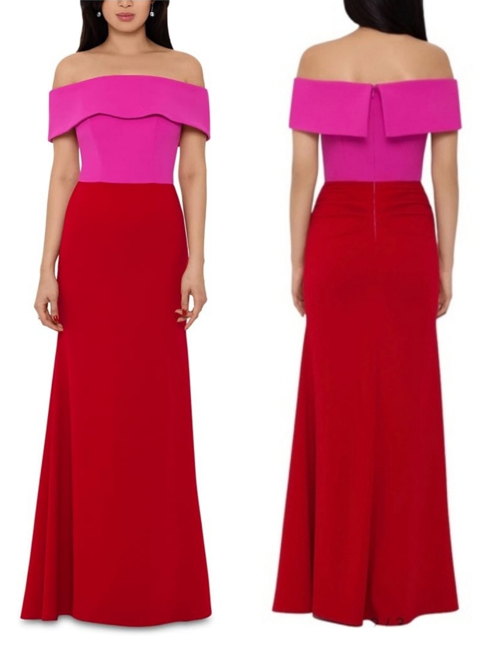 Betsy & Adam Two Toned Color Block Red Of Shoulder Gown Size 8